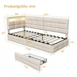Bež toonis voodi sahtlite ja LED-valgustusega, mõõtudega 90x200 cm, metallist ja puidust raamistikuga.