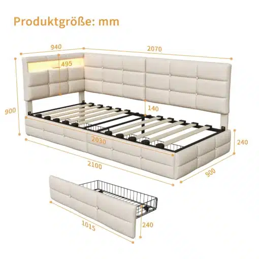 Bež toonis voodi sahtlite ja LED-valgustusega, mõõtudega 90x200 cm, metallist ja puidust raamistikuga.