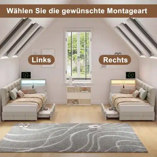 Kaasaegne magamistuba, kus on kaks Voodi sahtlite ja LED-valgustusega 90x200, asetsemas katusealuses ruumis helepruunil puidust põrandal ja valgete seinte vahel. Vooditel on mugavad madratsid ja dekoratiivpadjad, LED-valgustussüsteem lisab kaasaegset stiili. Ruumi keskel pehme hall ja valge vaip.