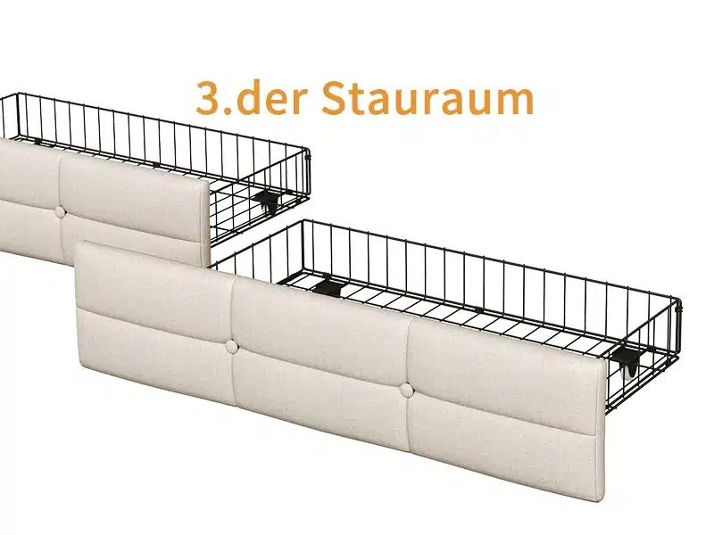 Metallraamiga voodisahtlid, mille ees on polsterdatud kangapaneelid, sobivad voodile sahtlite ja LED-valgustusega 90x200.
