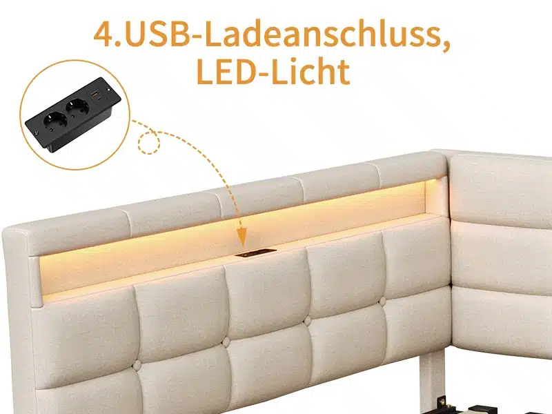 Voodi sahtlite ja LED-valgustusega 90x200, hele polsterdatud peats, millel on integreeritud LED-valgustus ja USB-laadimisjaam, mugav magamistoa mööbel.