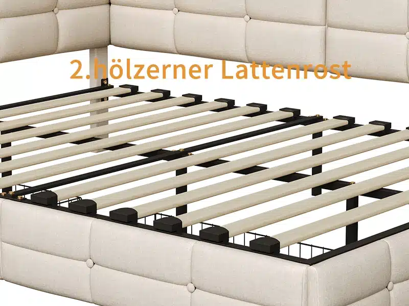Voodi sahtlite ja LED-valgustusega, suuruses 90x200, millel on puidust restid. Voodiraami küljes on pehme kangaga polsterdatud peats, taustal hele sein.