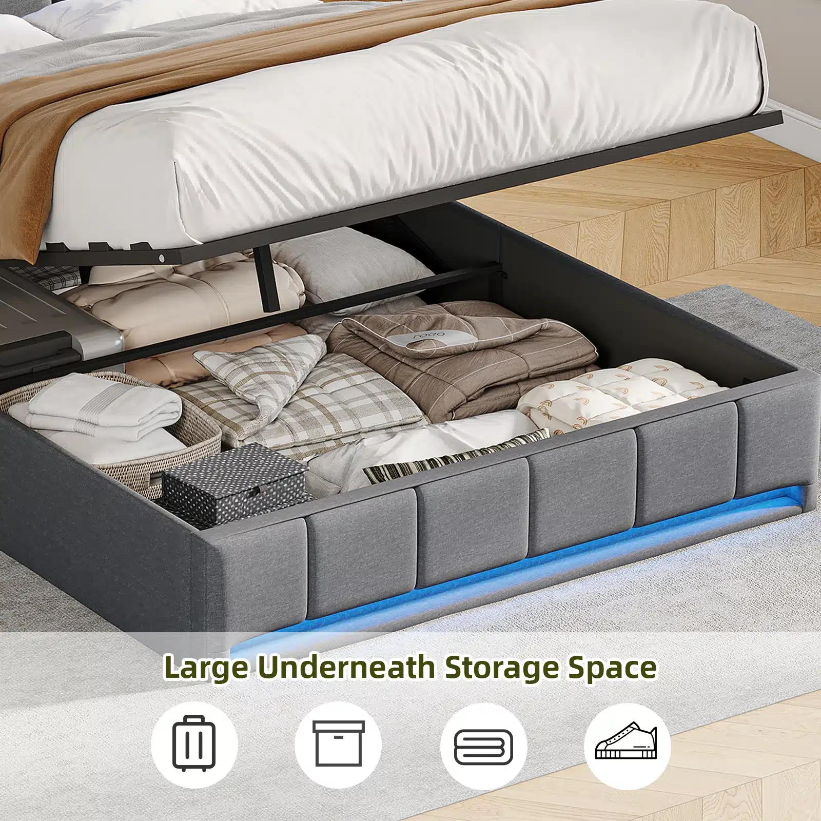 Elegantses magamistoas on avatud panipaigaga hall velvetvoodi Voodi panipaigaga 140x200, LED-valgustuse ja USB-pesaga, mis sisaldab organiseeritud tekke ja patju.