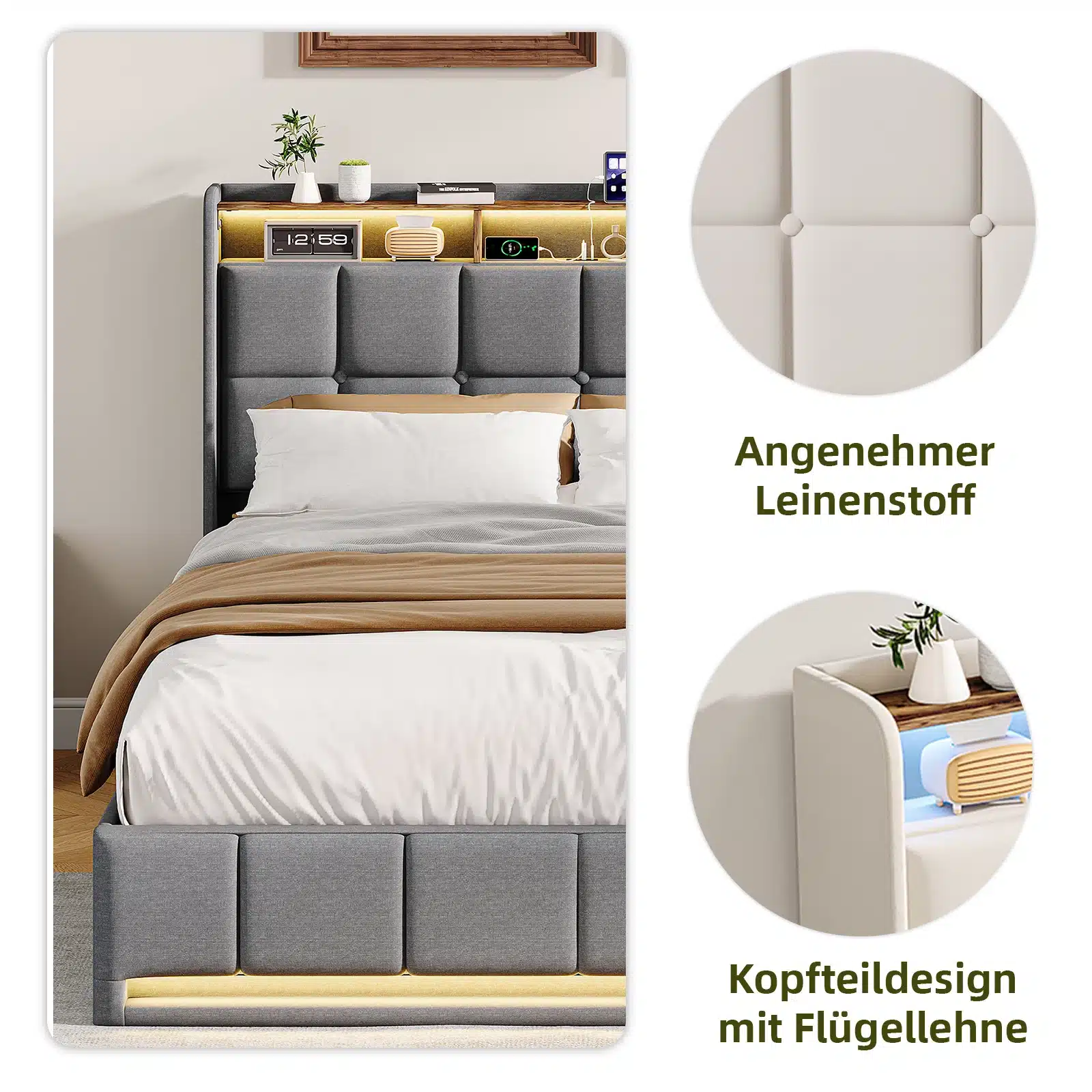 Modernne voodi panipaigaga 140x200, kaetud pehme halli velvetiga, LED-valgustusega jalutsis ja integreeritud USB-ühendusega. Voodi taustal hele sein ja neutraalsed dekoratiivelemendid.