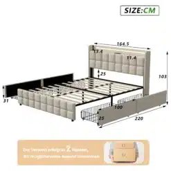 Voodi 160x200 cm mõõtmetega, nahkpolsterdusega ja vertikaalsete paaristorudega raamil, millel on USB laadimispunktid ja LED valgustus peaosas. Voodil on neli sahtlit, kaks kummalgi küljel, lisaruumi jaoks. Näidatud toode on helebeež ning selle ümber on esitatud mõõtmed sentimeetrites.