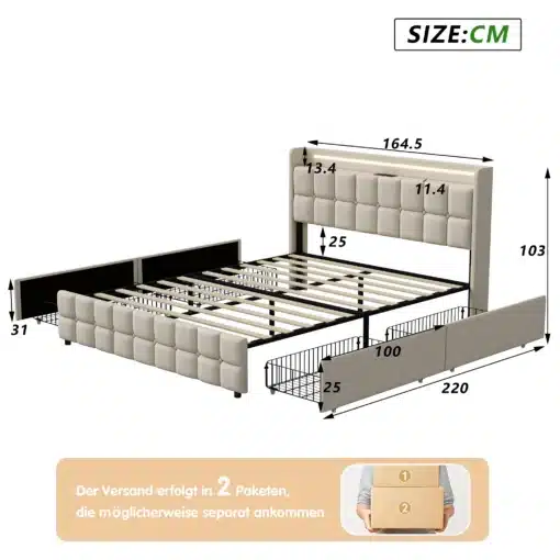 Voodi 160x200 cm mõõtmetega, nahkpolsterdusega ja vertikaalsete paaristorudega raamil, millel on USB laadimispunktid ja LED valgustus peaosas. Voodil on neli sahtlit, kaks kummalgi küljel, lisaruumi jaoks. Näidatud toode on helebeež ning selle ümber on esitatud mõõtmed sentimeetrites.