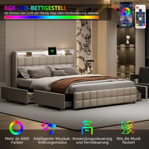 Voodi 160x200 USB laadimise ja LED valgustusega, neli sahtlit stiilselt sisustatud magamistoas, mille taustsüsteemi esitleb tänapäevane sisekujundus neutraalsetes toonides, rõhutades voodi multifunktsionaalsust ja kaasaegset mugavust.