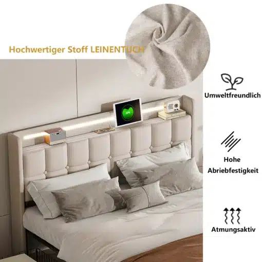 Elegantses magamistoas asub moodne voodi, mõõtmetega 160x200. Voodel on USB laadimise võimalus, LED valgustusega peats ning neli praktilist sahtlit voodi all. Peatsi juures asuvad väikesed öökapi moodi riiulid, millel on väike retrostiilis raadiolaud ja tahvelarvuti, mis laetakse. Voodi ja selle lisakomponendid on valmistatud kvaliteetsest ja vastupidavast linase tekstuuriga kangast heledates toonides.