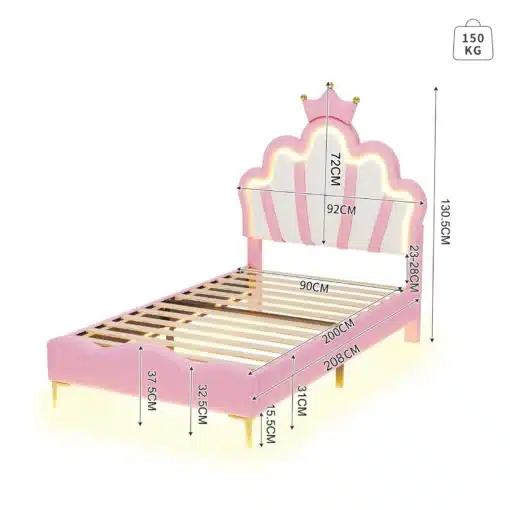 Roosa tüdrukute voodi mõõtudega 90x200 cm, millel on elegantne krooniga peats ja peen LED valgustus. Voodi konstruktsioon on tugev, mahutades kuni 150 kg.