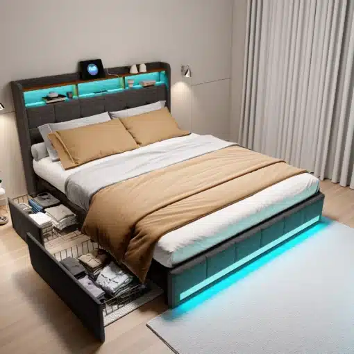 Hall 180x200 voodi LED-peatsiga ja mahukate sahtlitega, mille peatsil on sinine LED-valgustus ning voodil on beež voodipesu. Valgusküllane tuba heledate kardinatega ja puidust põrandaga.