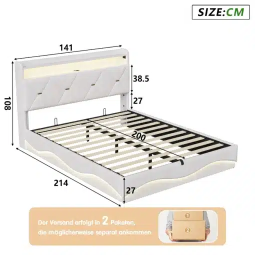 Voodi panipaigaga 140x200, valmistatud luksuslikust valgest velvetist, sisseehitatud LED-valgustite ja USB-pesadega, taustal valged seinad, mõõdud märgitud voodi kohal.