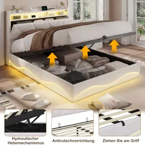 Voodi panipaigaga 140x200, velvet, LED ja USB. Voodi on avatud, paljastades mahuka panipaiga, täidetud patjade ja tekstiilidega. Peatsi peal on LED-valgustid ja USB-pesad. Taustal on hele ja avar magamistuba.