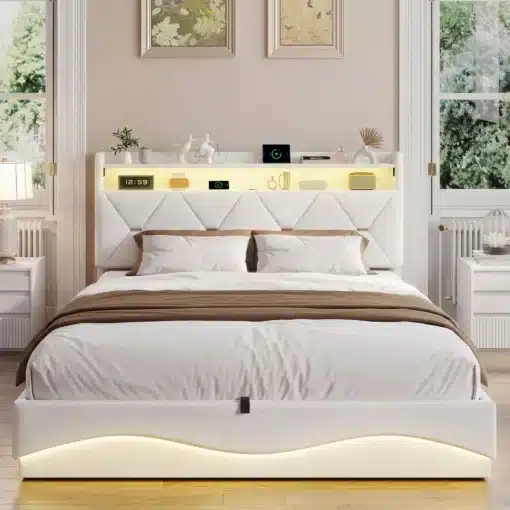 Elegantne valge Voodi panipaigaga 140x200, valmistatud velvetist, integreeritud LED-valgustuse ja USB-pesadega. Magamistuba on sisustatud modernses stiilis, voodi kohal olev riiul hoiab erinevaid esemeid, valge värv lisab helgust ja avarust.