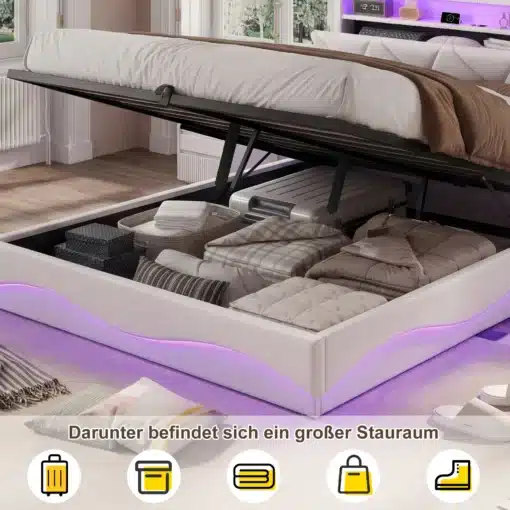 Velvetkattega voodi integreeritud panipaigaga, suurusega 140x200. Voodil on pehmed padjad ja LED-valgustus ning USB-pordid, kaasaegses sisekujunduses.