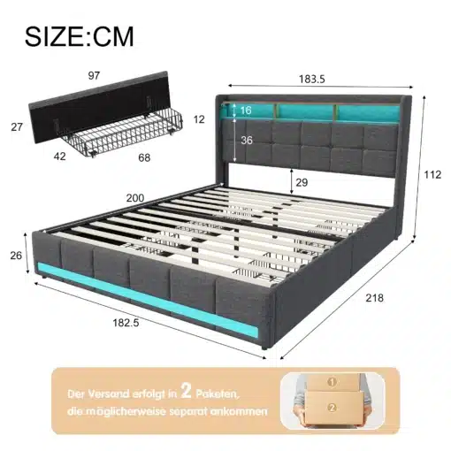 Hall Voodi 180x200 LED-peatsi ja sahtlitega, mõõtmetega 183.5x218 cm. Peatsi kohal on sinine LED-valgustus, mis lisab kaasaegse ilme. Madratsialused ribid on nähtavad ning voodil on ruumikas sahtel.