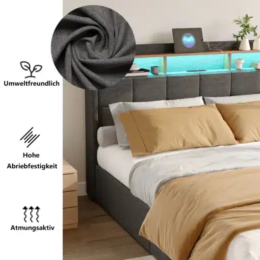 Hall voodi 180x200 koos LED-peatsi ja ruumikate sahtlitega, ümbritsetud kaasaegsete dekoratiivsete elementidega magamistoas. Peatsis on LED-valgustus ning voodi on kaetud vastupidava kangaga. Voodil on beežid padjad ja voodipesu.