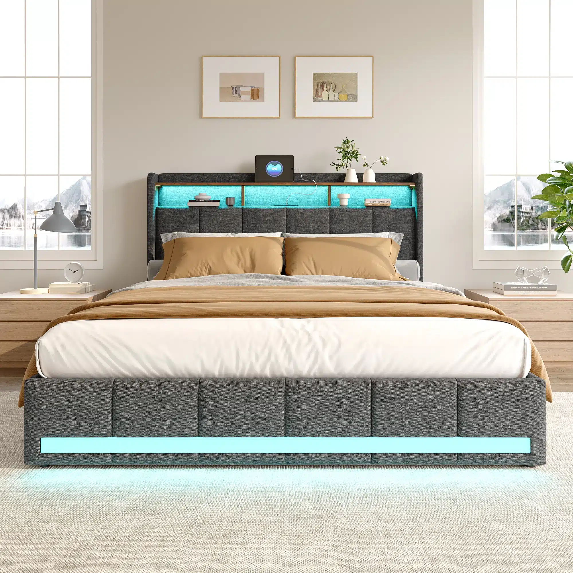 Kvaliteetne hall kangast voodi suuruses 180x200 koos LED-taustavalgustusega. Voodipeats sisaldab helendavat LED-valgust ja praktilisi riiuleid, mis pakuvad lisaruumi. Pehme kangaspolster ja integreeritud sahtlid pakuvad nii mugavust kui ka funktsionaalsust valgusküllases magamistoas.