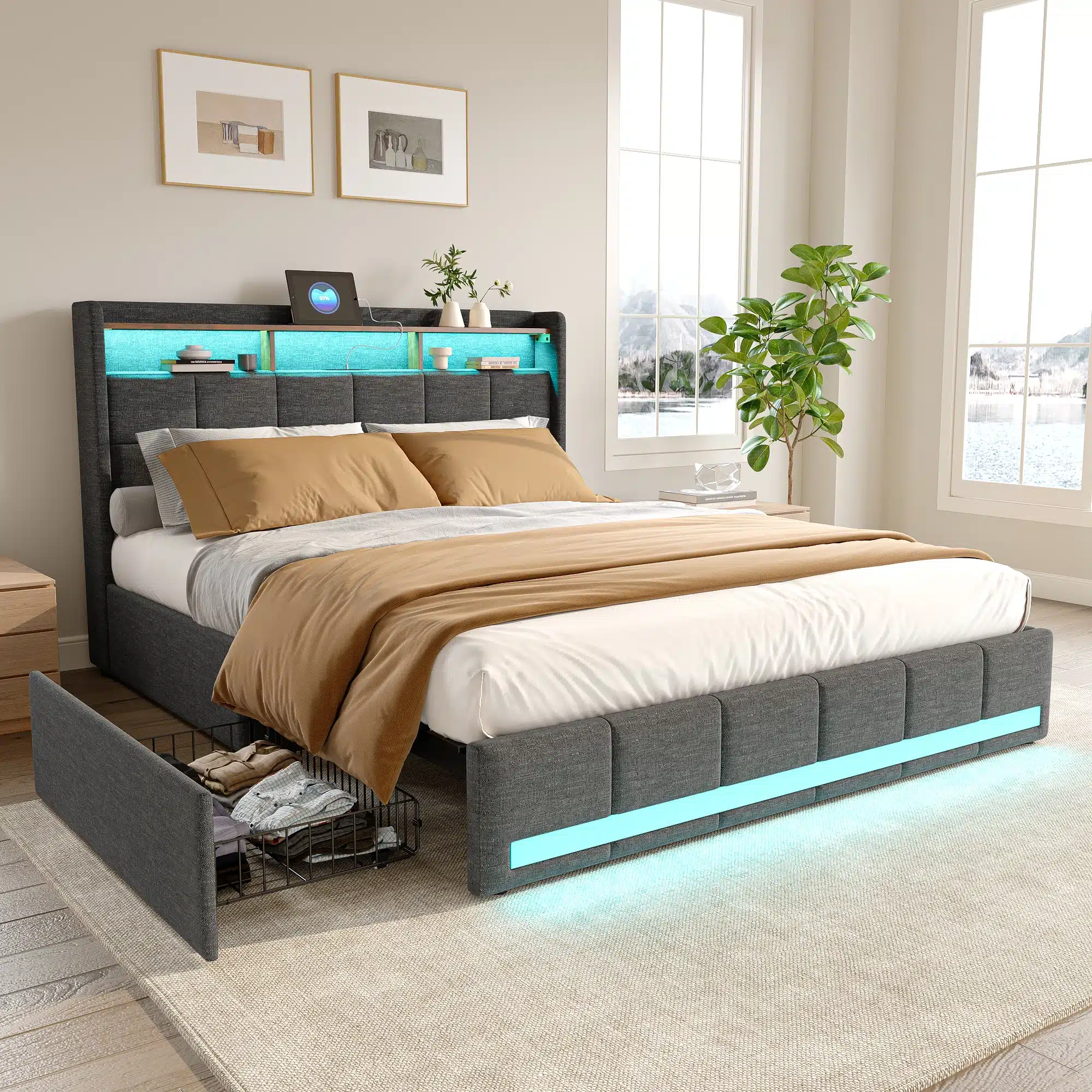 Elegantne hall voodi mõõtmetega 180x200, LED-valgustusega polsterdatud peats ja praktilised sahtlid voodi all. Valgusküllane ruum koos modernse mööbliga, täis looduslikku valgust, taustaks valge sein ja aknad.