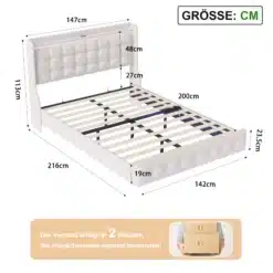 Polsterdatud voodi LED valgustuse ja USB-ga 140x200 valge, millel on mõõdud 147 x 200 cm, polsterdatud peatsi ja puidust konstruktsiooniga, esitatud valge tausta ees.