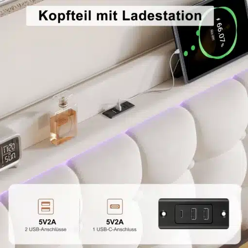 Valge polsterdatud voodi koos integreeritud LED valgustuse ja USB laadimisjaamaga. Voodipeats sisaldab laadivat tabletti ja parfüümi pudelit rahustaval neutraalsel taustal.