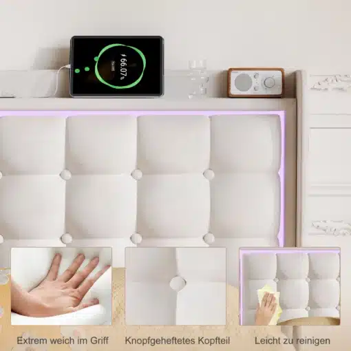 Valge polsterdatud voodi LED valgustuse ja USB-ga, mõõdus 140x200, koos pehme peatoe ja laadimisjaamaga. Taustal on valge sein.