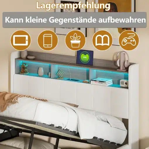Kaheinimesevoodi LED-valgustusega, valge samet, suuruses 140x200, millel on sisseehitatud riiulid väikeste esemete hoiustamiseks. Elegantne voodi on esile tõstetud sooja toa taustal, lisades stiili ja praktilisust magamistuppa.