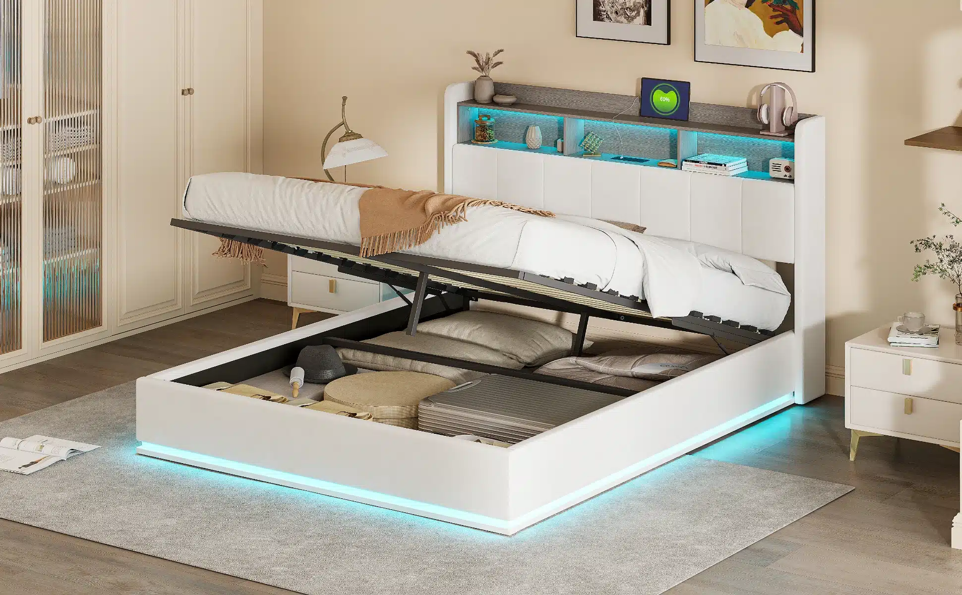 Kaheinimesevoodi LED-valgustusega, valge samet, 140x200, koos ülestõstetava madratsialuse ja heleda toaga taustal. Voodi all on avar panipaik, voodipeatsi küljes hubased LED-tuled ning sametist polster annab elegantse välimuse.