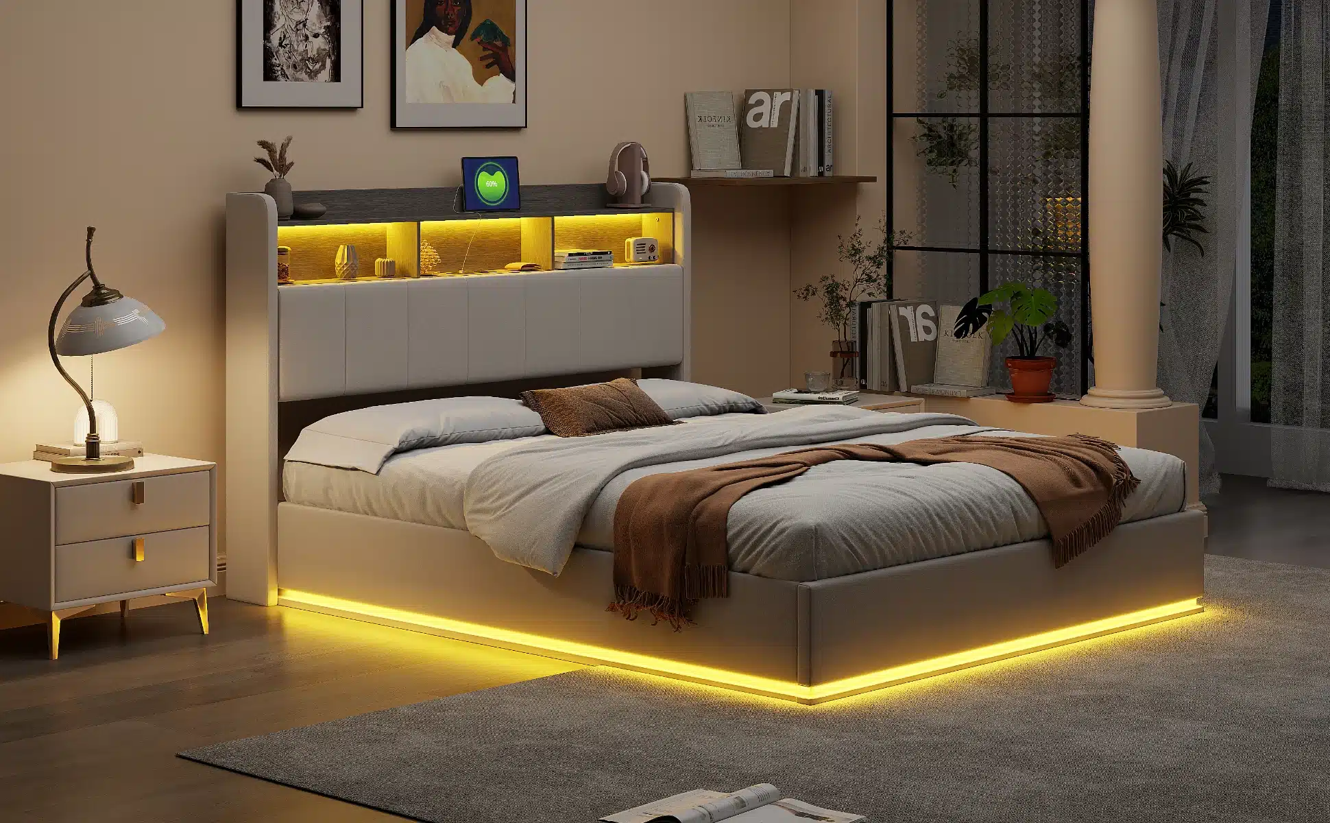 Elegantselt kujundatud kaheinimesevoodi LED-valgustusega, valmistatud valgest sametist, mõõtudega 140x200, hubases magamistoas. Voodi ümber paistavad soojad LED-tuled, tuues esile luksusliku atmosfääri. Taustal on kaasaegne magamistoa sisekujundus, sisaldades dekoratiivseid elemente ja neutraalset värvigammat.
