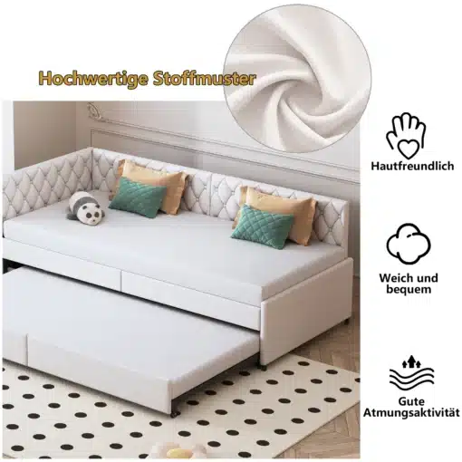 Diivanvoodi ratastel sametist, hall 90x200 cm | E-pood Tootemaailm Kaunis hall sametist diivanvoodi ratastel, pleediga ja kahe padjaga. Elegantne ja praktiline mööblitükk puhta ja helge toaga taustal, külgedel dekoratiivne muster.
