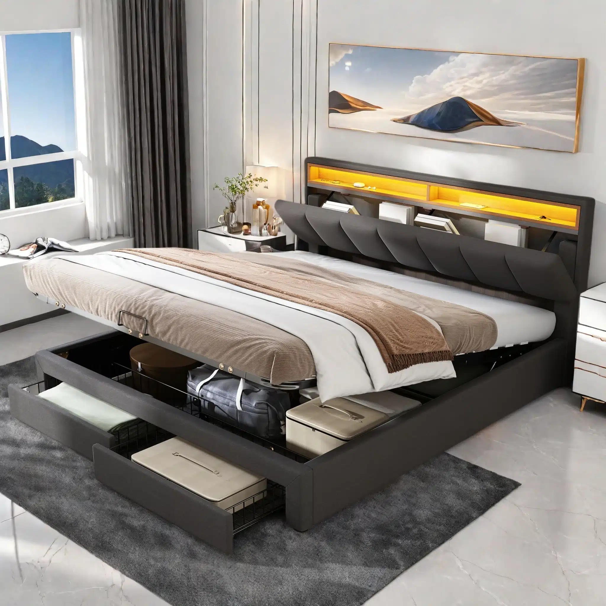 Kaasaegne polsterdatud voodi 160x200 cm, hallist linase kangaga, millel on avatud pesukast, funktsionaalne disain heledas magamistoas.