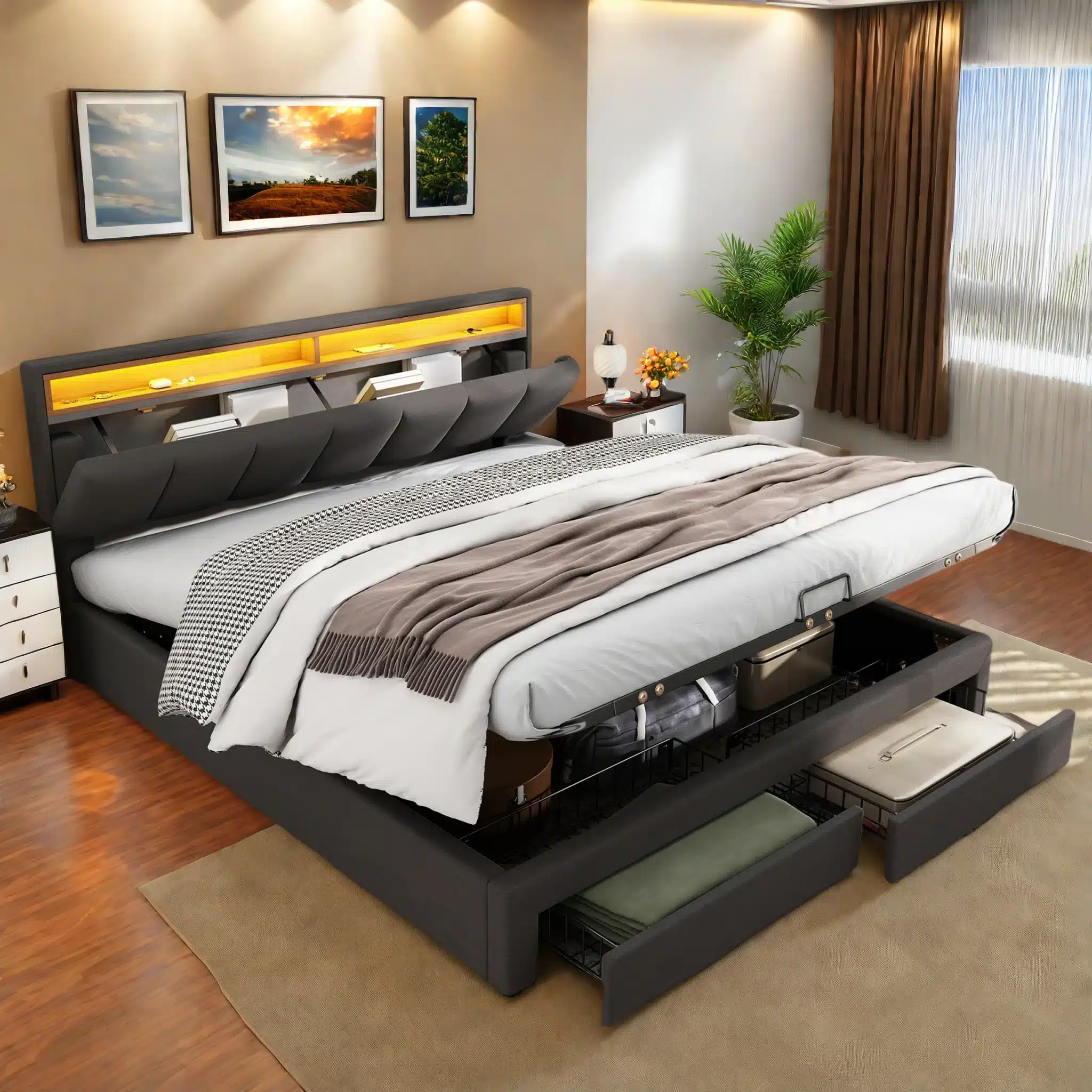 Polsterdatud voodi 160x200 cm, hall linane materjal, avatud pesukast. Magamistuba neutraalse sisekujundusega, heledal taustal.