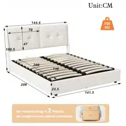 Beež sametist kaheinimesevoodi panipaigaga, mõõtmetega 140x200 cm, koos püstise peatsi ja metallist voodiraamiga, mille kandevõime ulatub 350 kg-ni.