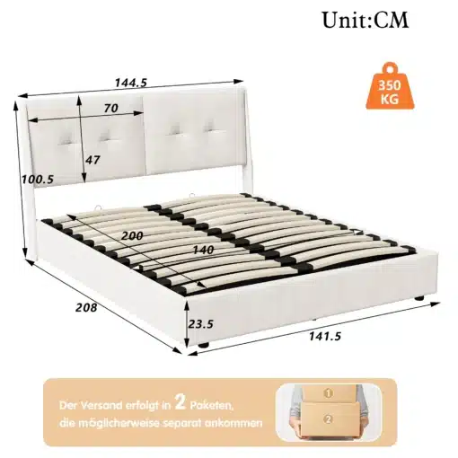 Beež sametist kaheinimesevoodi panipaigaga, mõõtmetega 140x200 cm, koos püstise peatsi ja metallist voodiraamiga, mille kandevõime ulatub 350 kg-ni.