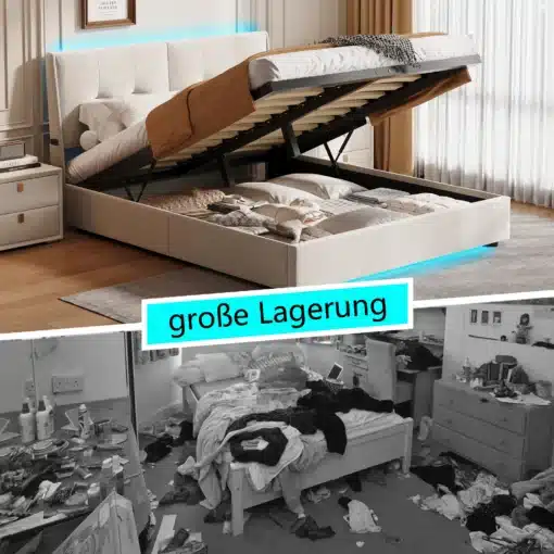 Kaheinimesevoodi panipaigaga, sametist, beež, 140x200 cm, avatud panipaik voodipesuga, puidust põrandal moodsas magamistoas.