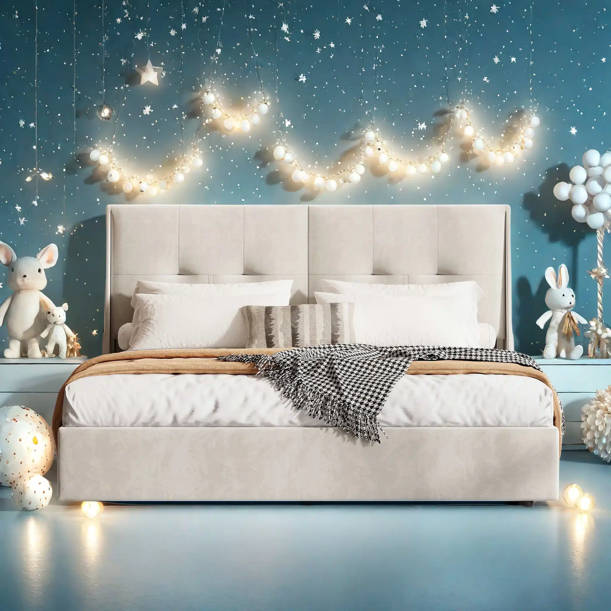 Kaunis kaheinimesevoodi, panipaigaga, sametist beež kattega, mõõtudega 140x200 cm. Voodi taustal on sinine tähtedega kaunistatud sein, millel ripuvad valgustusdekoratsioonid. Väikesed valged mänguasjad asetatud voodi kõrvale.