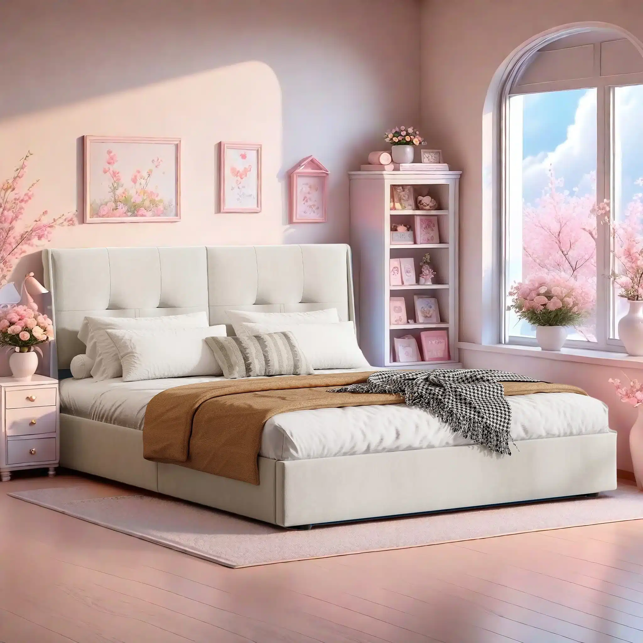 Kaunis beežist sametist kaheinimesevoodi panipaigaga, mõõtudega 140x200 cm, asetseb stiilses ja harmoonilises magamistoas. Voodi on kaunistatud pehme voodipesu ja dekoratiivpatjadega, ümbritsetud pastelsete seinte ja elegantselt dekoreeritud aknaga, mille kõrval on raamaturiiul ja öökapp lilledega.