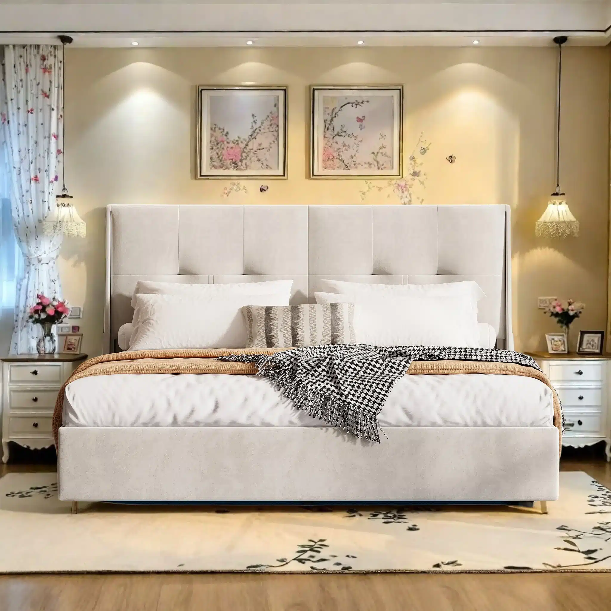 Beež 140x200 cm kaheinimesevoodi, millel on panipaik ja sametist polsterdus, paikneb elegantse magamistoa sisekujunduses koos kunstiteostega seinal ja lambi valgustusega.