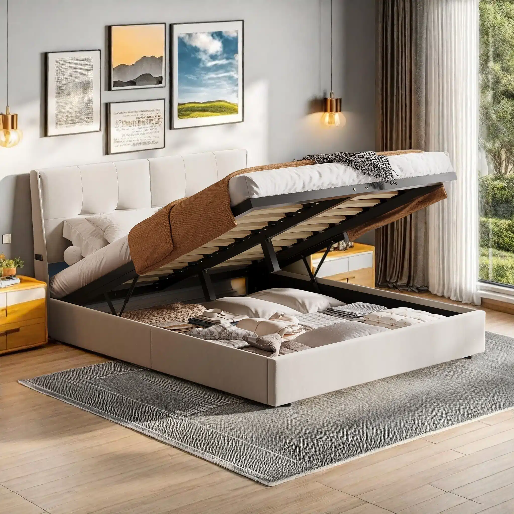 Beež sametist kaheinimesevoodi, millel on 140x200 cm pehme matt ja avatav panipaik, täidetud voodipesuga valgusküllases toas.