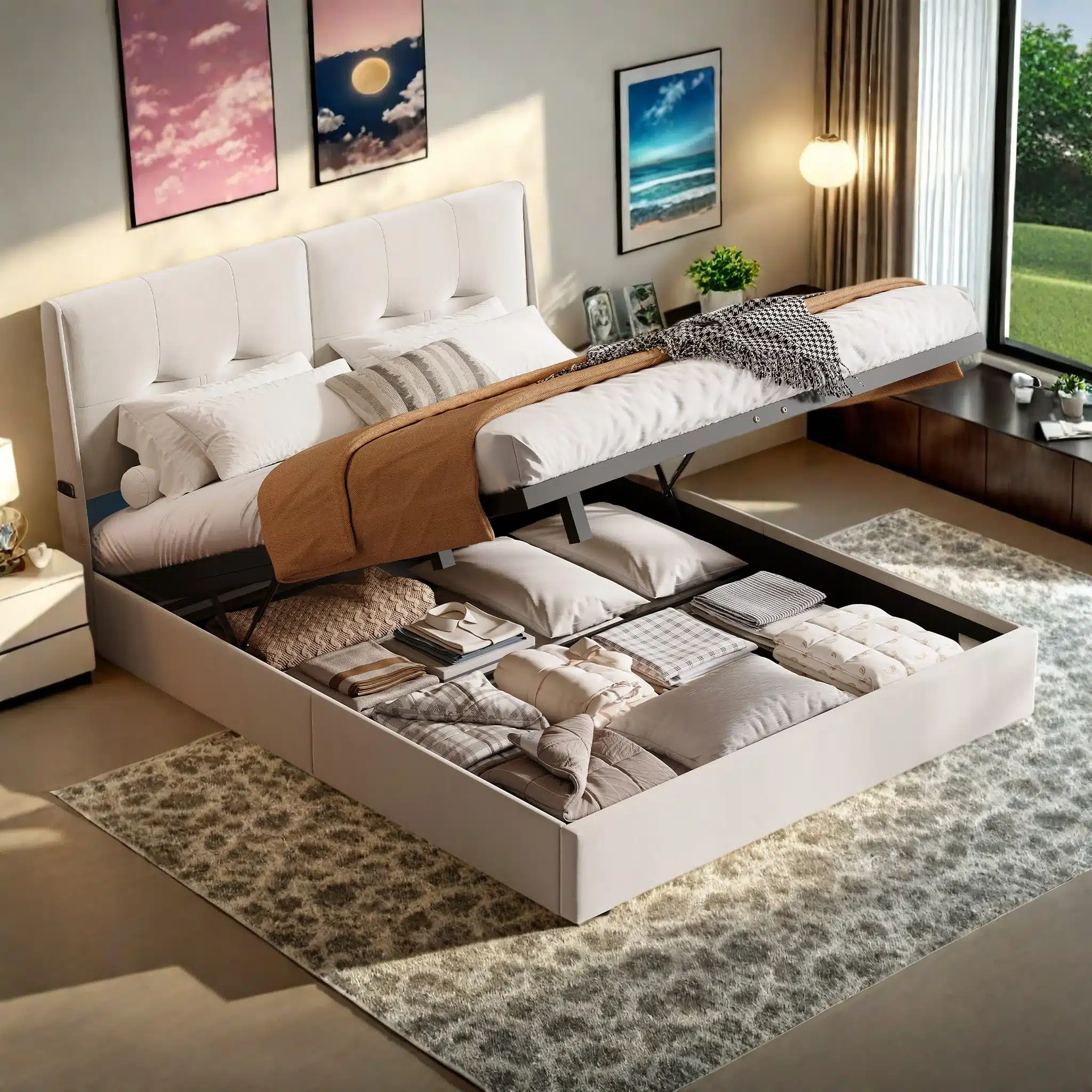 Beež sametiga kaetud kaheinimesevoodi, millel on avatud panipaik, kus näha korralikult paigaldatud voodipesu ja muud esemed, paiknedes heledal mustrilisel vaibal helge ruumi taustal.