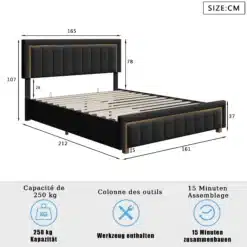 Polsterdatud kaheinimesevoodi 140x200, pesukastiga, modernse ja elegantse disainiga mustas värvitoonis. Voodi tugiraam on valmistatud vastupidavast materjalist ning sisaldab ruumikat pesukasti. Pilt näitab voodi täpseid mõõtmeid ja kõrgust, taustal hele sein.