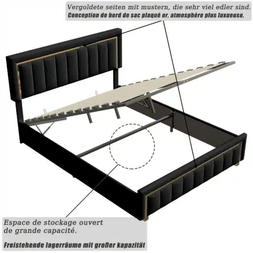 Polsterdatud kaheinimesevoodi 140x200, pesukastiga, mustast kangast peatoe ja kuldsete detailidega, mille sisemine mehhanism võimaldab hõlpsat juurdepääsu voodikastile.