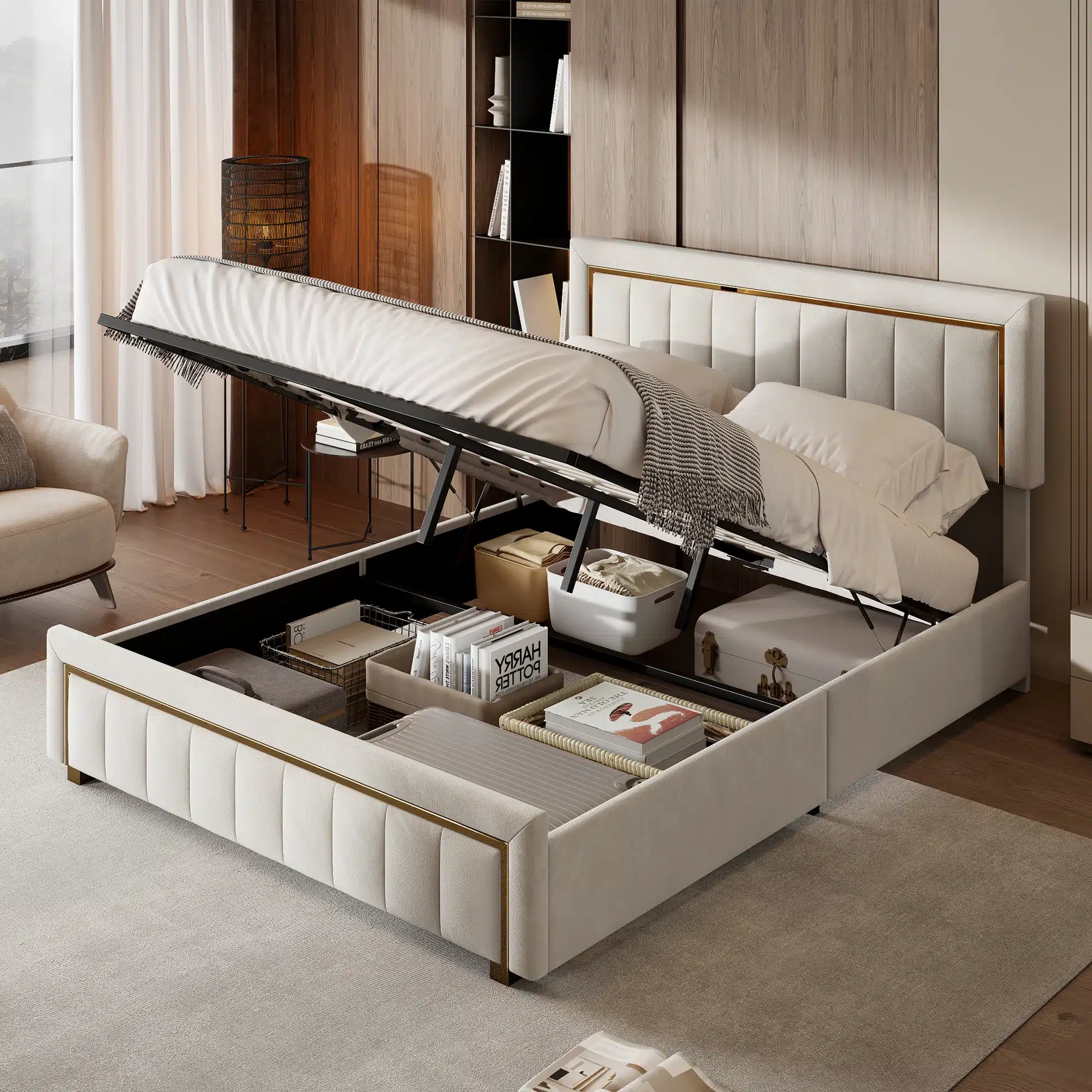 Polsterdatud kaheinimesevoodi 140x200, pesukastiga, heledast kangast polstriga, avatud pesukastiga, millel on erinevad hoiustatavad esemed, asetseb kaasaegses magamistoas.