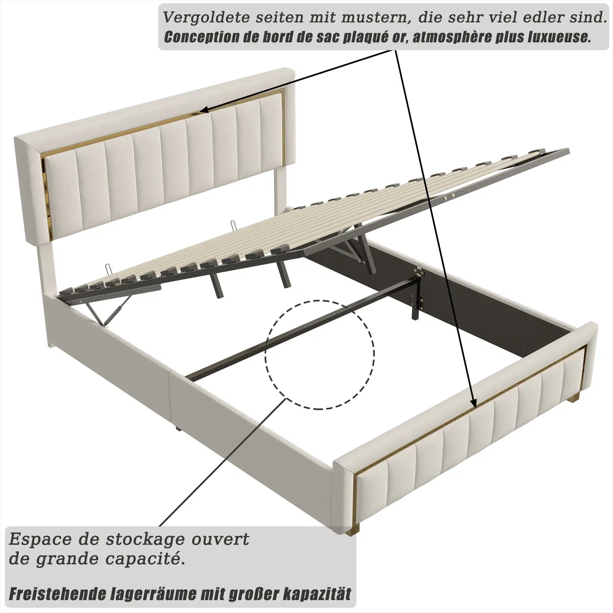 Polsterdatud kaheinimesevoodi 140x200, pesukastiga, beež kangas ja pehme peats, millel on kuldsete aktsentidega detailid. Pesukast hoiab voodit avatuna ja näitab mahukat hoiuruumi. Voodi seisab valgel taustal.