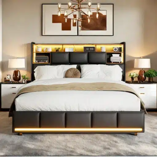 Kaheinimesevoodi LED-valgustusega mustas PU-materjalis, mõõtudega 140x200, ümbritsetud kaasaegse magamistoa sisustusega. Voodi allosas ja peatsi juures on integreeritud LED-valgustus sooja kumaga, taustaks neutraalsetes toonides sisustus.