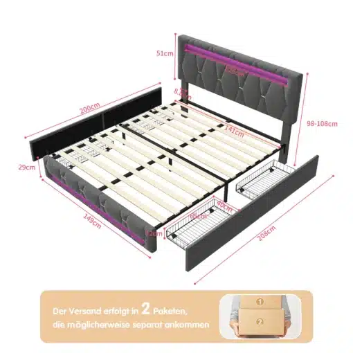 Stiilne kaheinimesevoodi mõõtudega 160x200 cm, sisaldades pesukaste ja LED-valgustust. Hall peatoe polster, voodi on osaliselt kokkupandud ning näidatud täpsed mõõtmed ja paigutus.