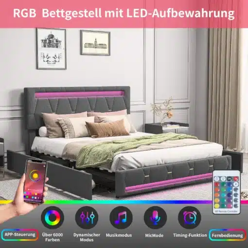 Kaheinimesevoodi 160x200 koos pesukastidega ja integreeritud LED-valgustusega, hall polster, modernne magamistoa interjöör.