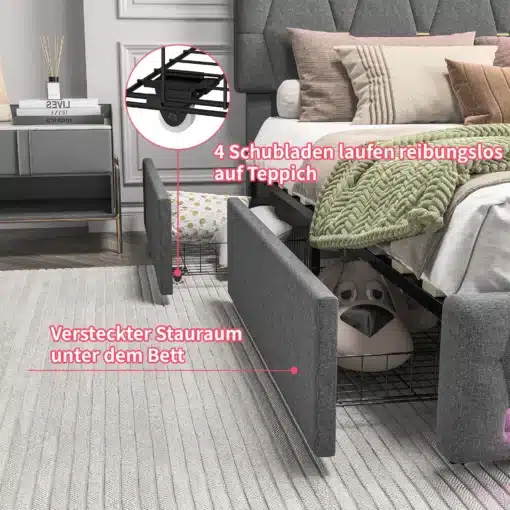 Elegantne hall polsterdatud kaheinimesevoodi mõõtudega 160x200, mille all on praktilised pesukastid ja LED-valgustus. Voodi on paigutatud heledale mustrilisele vaibale, mis toob esile voodi puhtad jooned ja elegantsed materjalid.