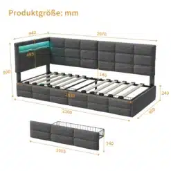 Diivanvoodi 90x200 sahtlite ja LED-iga, hall linane, millel on mõõtmed ja tepitud hallist linasest materjalist raam, integreeritud LED-valgustus ja allolev sahtel.