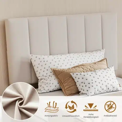 Beeži linase kangaga üheinimese voodi koos panipaigaga, mõõtmetega 90x200 cm, millel on pehme polsterdatud peats ja pikk disainitud küljepehmendus. Voodi ees asetatud beežikad padjad ja tekstiilist voodipesu loovad koduse ja kutsuva tundmuse.