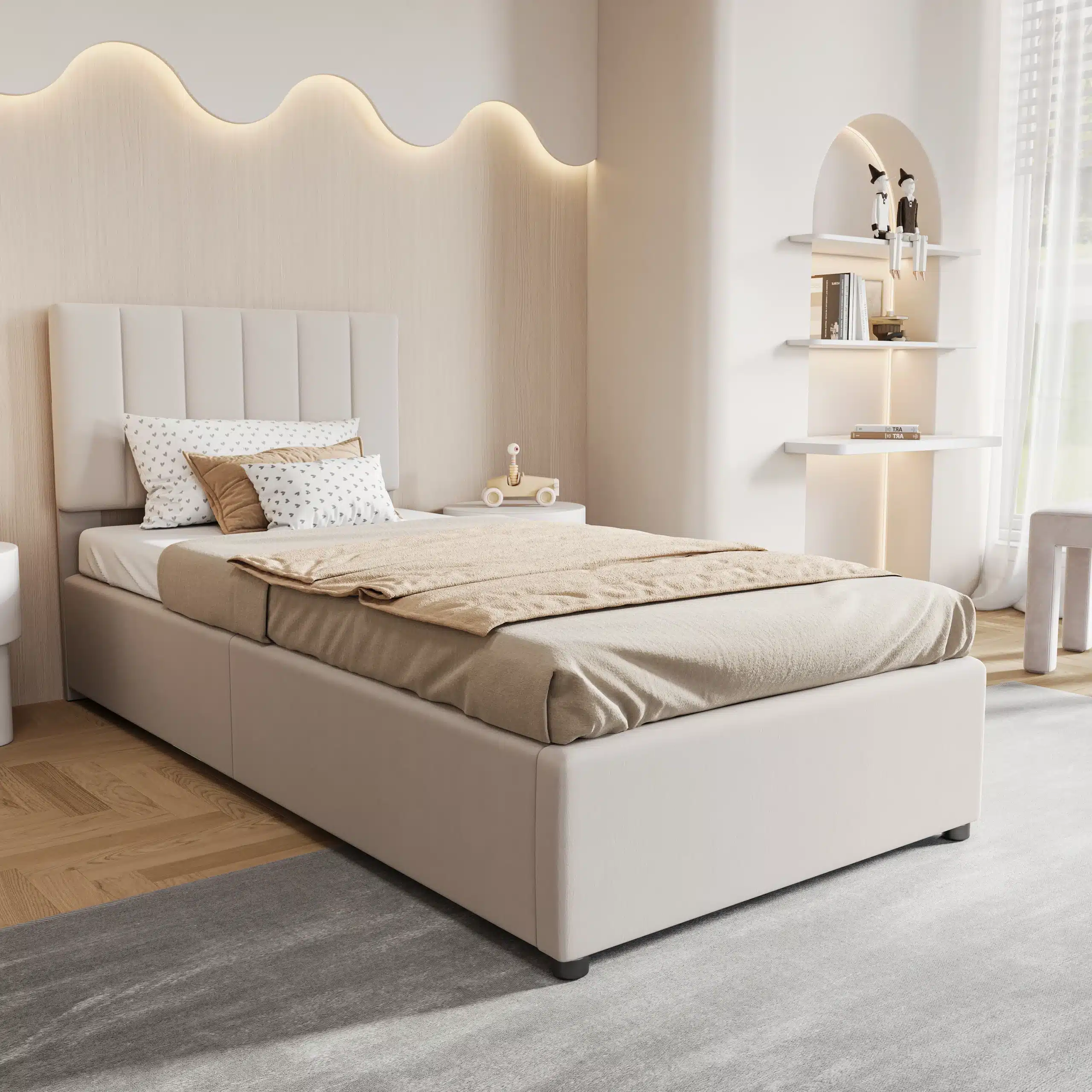 Hele voodi panipaigaga 90x200 koos reguleeritava peatsiga, mis asub stiilses kaasaegses magamistoas, mille taustaks on hele puitpaneel ja dekoratiivsed riiulid.